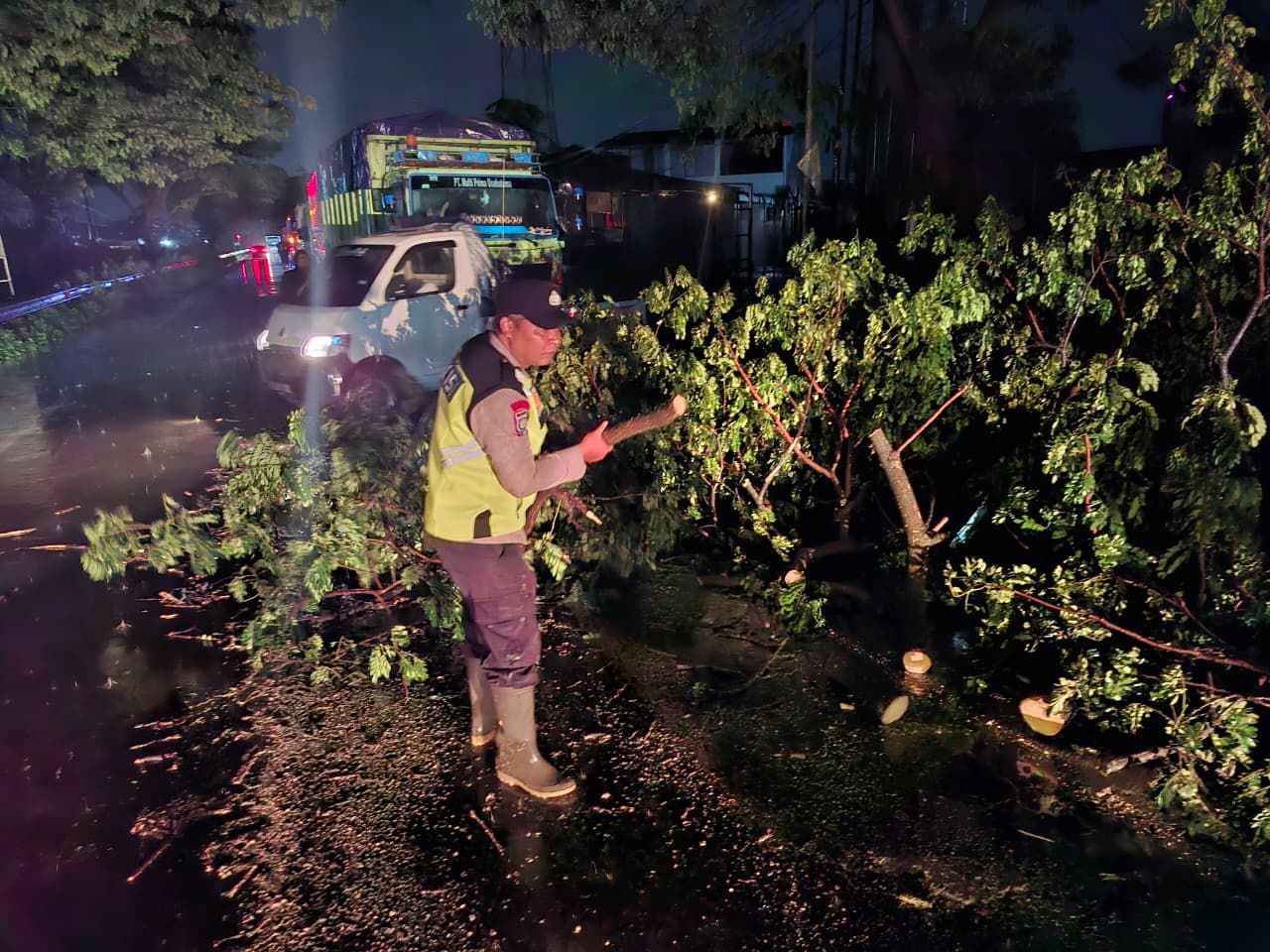 Polisi dan BPBD Bergerak Dini Hari Atasi Pohon Tumbang di Jalur Pati-Juwana
