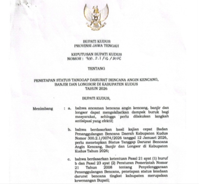 Bupati Kudus Resmi Keluarkan Surat Keputusan Penetapan Status Tanggap Darurat Bencana Angin Kencang, Banjir dan Longsor