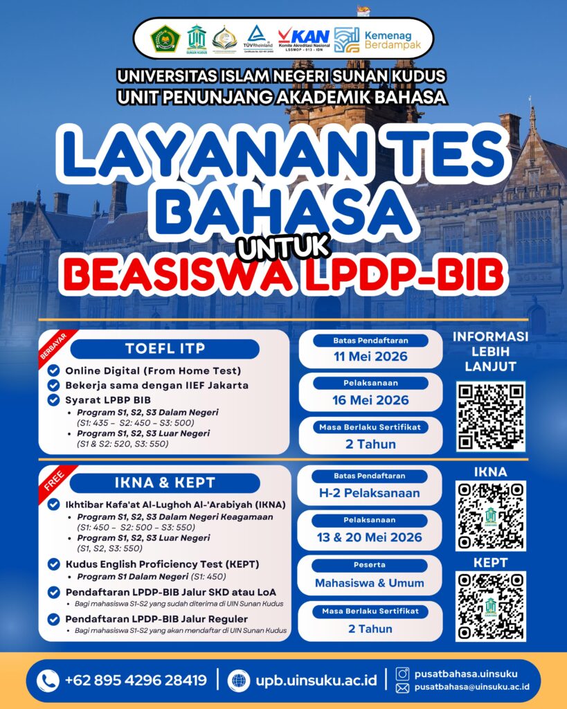Syarat Beasiswa BIB & LPDP 2026: UIN Sunan Kudus Buka Tes TOEFL, IKNA, dan KEPT